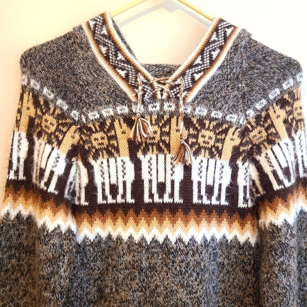 Alpaca Knit Handmade Hooded Sweater Aztec Wool Cozy - Picture 3 of 6